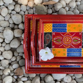 Hand painted multi-color wooden tray - Set of 3