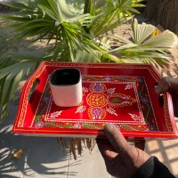 Hand painted Red colored wooden tray - Small Hand painted Red colored wooden tray - Small