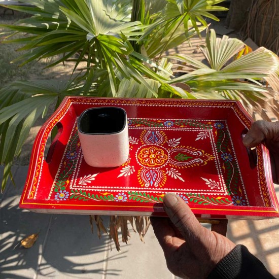Hand painted Red colored wooden tray - Small Hand painted Red colored wooden tray - Small