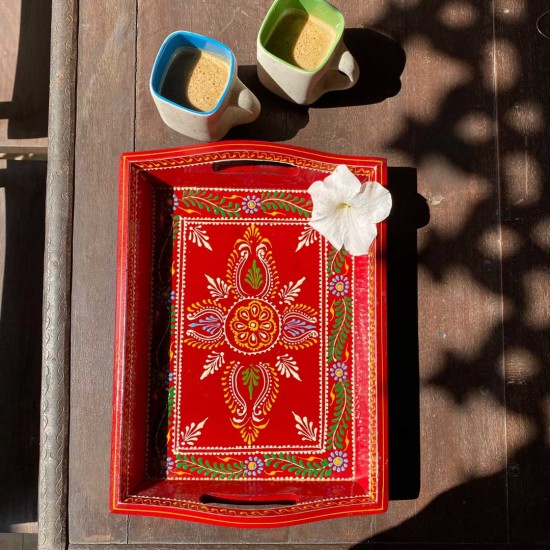Hand painted Red colored wooden tray - Small Hand painted Red colored wooden tray - Small