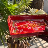 Hand painted Red colored wooden tray - Small Hand painted Red colored wooden tray - Small