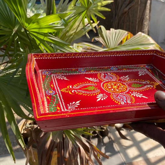 Hand painted Red colored wooden tray - Small Hand painted Red colored wooden tray - Small