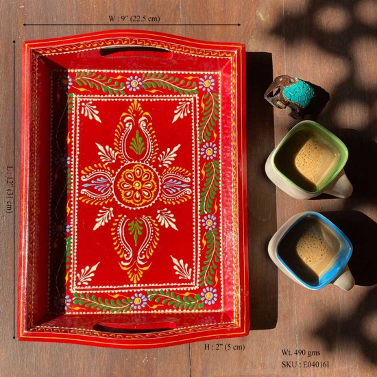 Hand painted Red colored wooden tray - Small