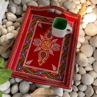 Hand painted Red colored wooden tray - Medium Hand painted Red colored wooden tray - Medium