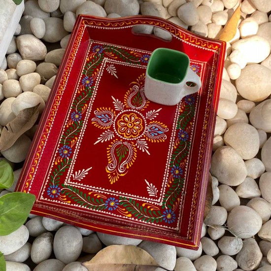 Hand painted Red colored wooden tray - Medium Hand painted Red colored wooden tray - Medium