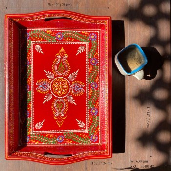 Hand painted Red colored wooden tray - Medium