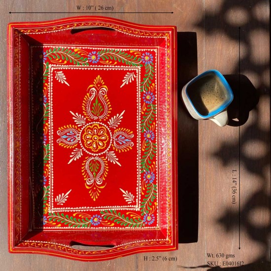 Hand painted Red colored wooden tray - Medium Hand painted Red colored wooden tray - Medium