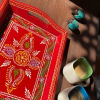 Hand painted Red colored wooden tray - Medium Hand painted Red colored wooden tray - Medium