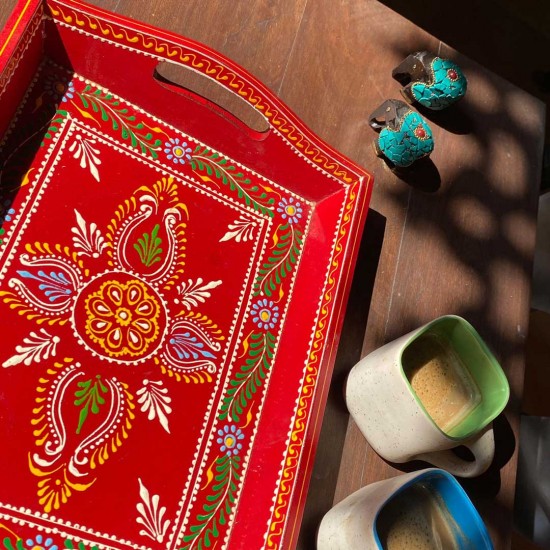 Hand painted Red colored wooden tray - Medium Hand painted Red colored wooden tray - Medium