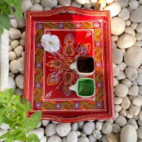 Hand painted Red-colored wooden tray - Large Hand painted Red-colored wooden tray - Large