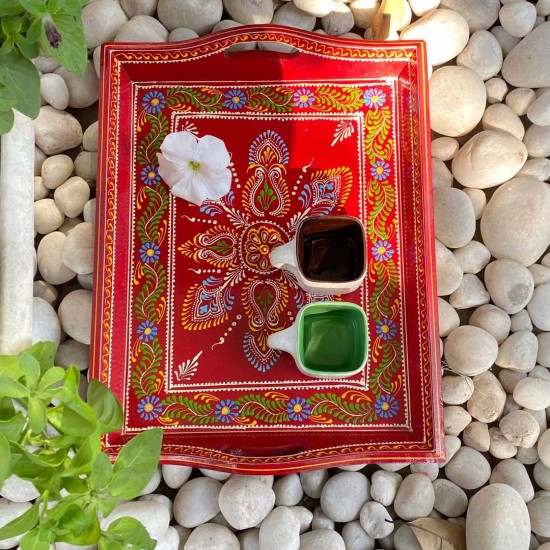 Hand painted Red-colored wooden tray - Large Hand painted Red-colored wooden tray - Large