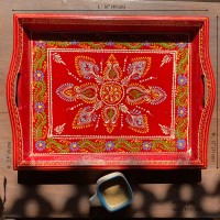 Hand painted Red-colored wooden tray - Large Hand painted Red-colored wooden tray - Large