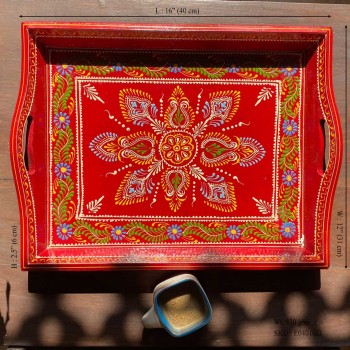 Hand painted Red-colored wooden tray - Large