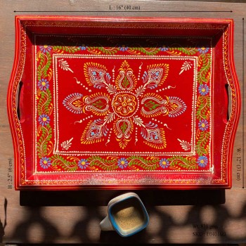 Hand painted Red-colored wooden tray - Large Hand painted Red-colored wooden tray - Large
