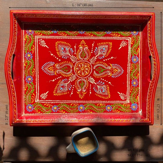 Hand painted Red-colored wooden tray - Large Hand painted Red-colored wooden tray - Large