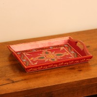 Hand Painted Red Wooden Tray – Small (12" x 8") – Front View Hand painted Red coloFront view of a small 12 x 8 inch hand-painted red wooden serving tray with floral centre motifred wooden tray - Small