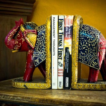 Wooden Hand Painted Elephant Book End Set