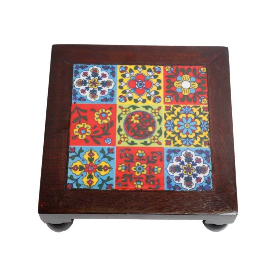 Square Wooden Chorang Pooja Bajot with Ceramic Tile Top  8 x 8 Inches