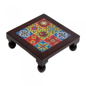 Square Wooden Chorang Pooja Bajot with Ceramic Tile Top Art Bajot  8 x 8 Inches