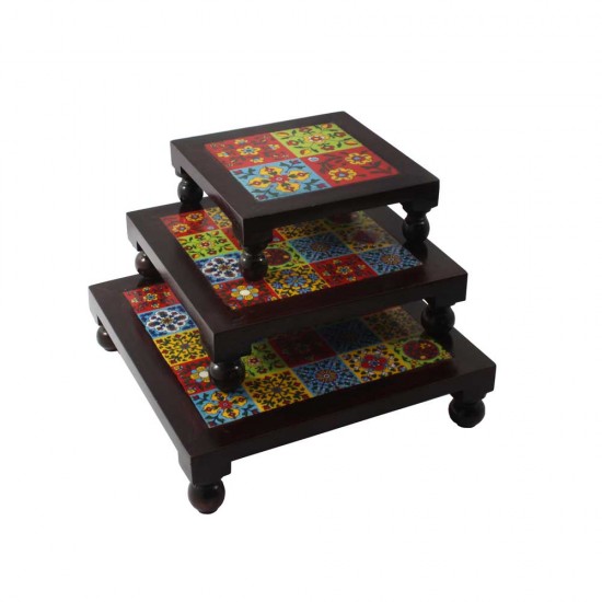 Square Wooden Tile Art Chorang- Pooja Chowki Set of Three 8 x 8; 10 x 10; 12 x 12 Inches Square Wooden Tile Art Chorang- Pooja Chowki Set of Three 8 x 8; 10 x 10; 12 x 12 Inches