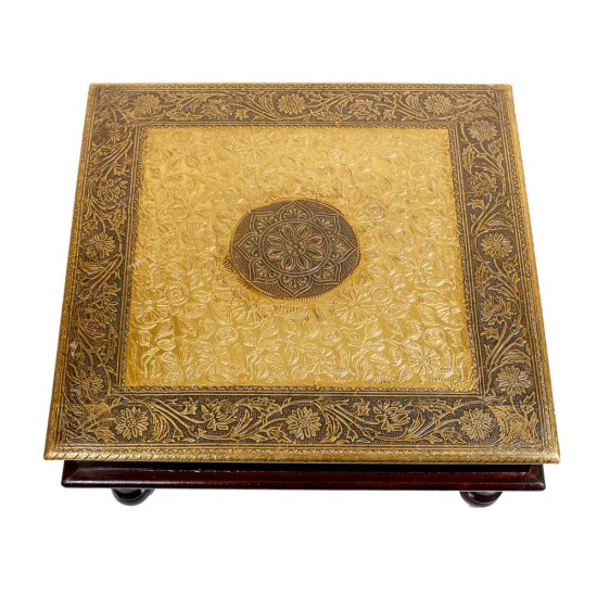 Wooden Square Pooja Chorang Embossed Brass Art (15 x 15 x ht 6 Inches) Wooden Square Pooja Chorang Embossed Brass Art (15 x 15 x ht 6 Inches)