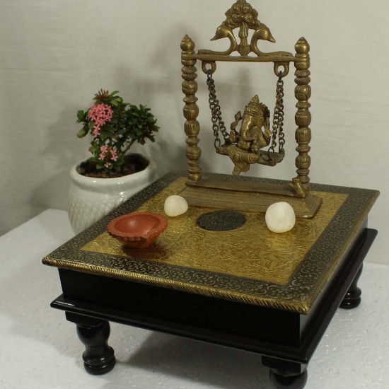 Wooden Square Pooja Chorang Embossed Brass Art (12*12*6)