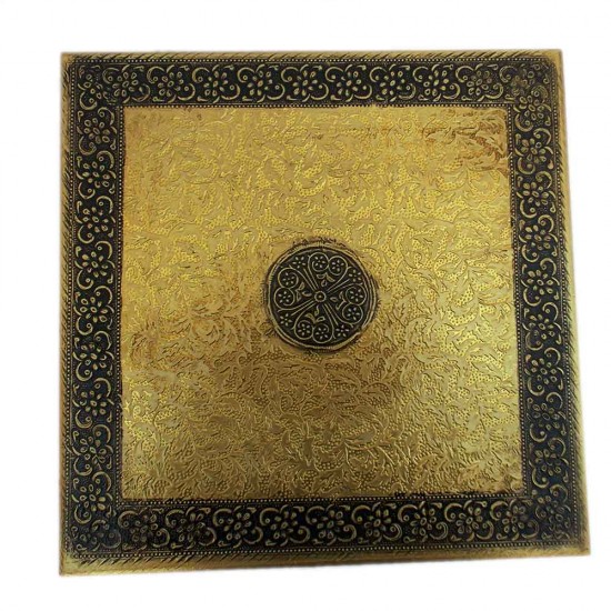 Wooden Square Pooja Chorang Embossed Brass Art 12 x 12 x 6 Inches