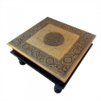 Wooden Square Pooja Chorang Embossed Brass Art 12 x 12 x 6 Inches