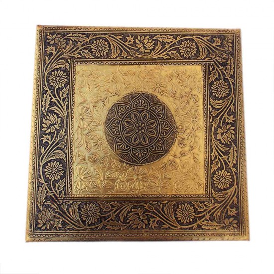 Wooden Square Pooja Chorang Embossed Brass Art 12 x 12 x 6 Inches