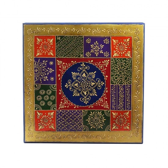 Wooden Square Pooja Chowki Hand Painted 15 x 15 x 6 Inches