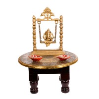 Wooden Round Pooja Chorang- Embossed Brass Art Dia 10 Inches 