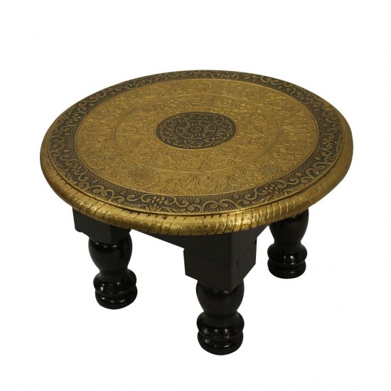 Wooden Round Pooja Chorang- Embossed Brass Art Dia 10 Inches 