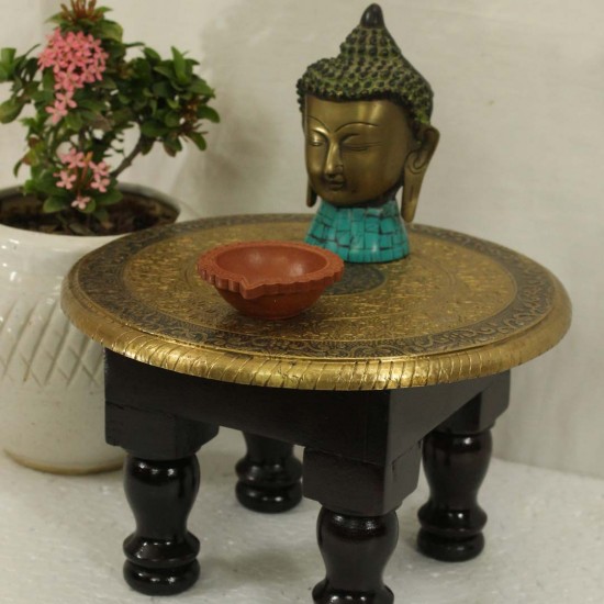 Wooden Round Pooja Chorang- Embossed Brass Art Dia 10 Inches 