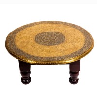 Wooden Round Pooja Chorang - Embossed Brass Art Dia 15 Inches 