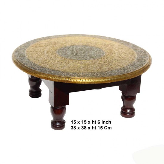 Wooden Round Pooja Chorang - Embossed Brass Art Dia 15 Inches 