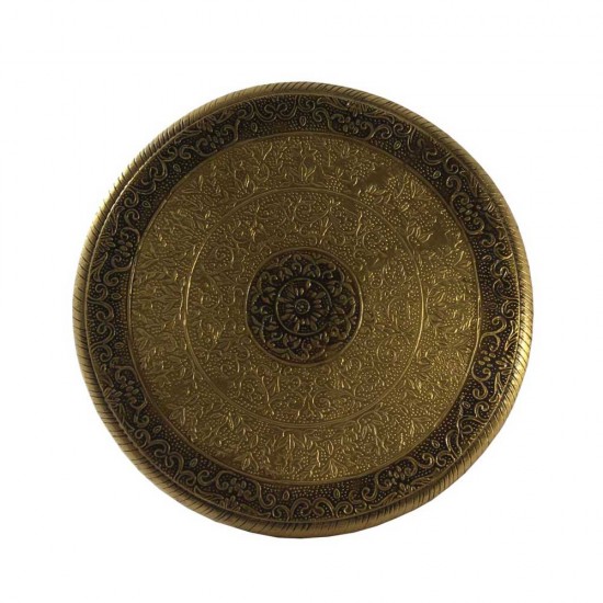 Wooden Round Pooja Chorang- Embossed Brass Art Dia 10 Inches 