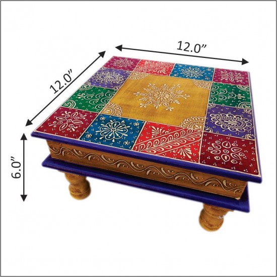 Wooden Square Pooja Chorang Hand Painted 12 x 12 x 6 Inches