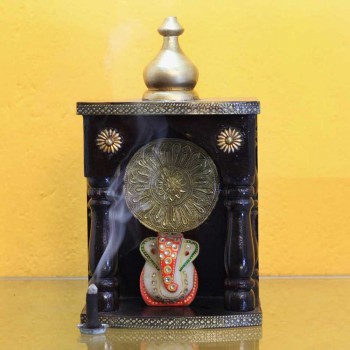 Wooden Mandir - Polished, Brass Art