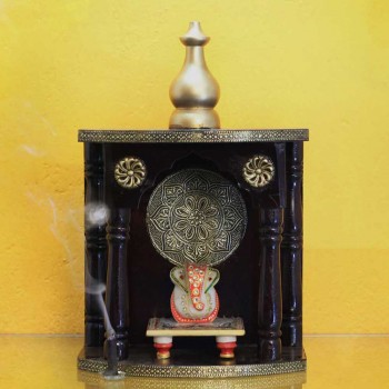 Wooden Mandir - Polished, Brass Art