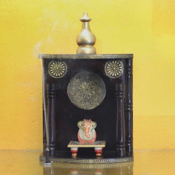 Wooden Mandir - Polished, Brass Art