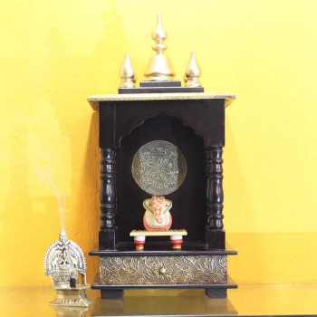 Wooden Mandir - Polished, Brass Art