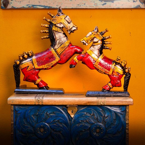 Rustic painted wooden jumping horse antique finish Set of 2