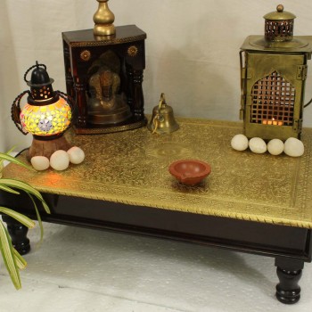 Wooden Rectangular Pooja Chorang Embossed Brass Art 12 X 18 X 6 Inches
