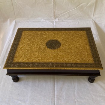 Wooden Rectangular Pooja Bajot Embossed Brass Art 15 x 21 x 6 Inches Highlighted Border