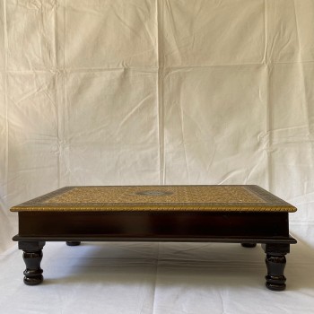 Wooden Rectangular Pooja Bajot Embossed Brass Art 15 x 21 x 6 Inches Highlighted Border