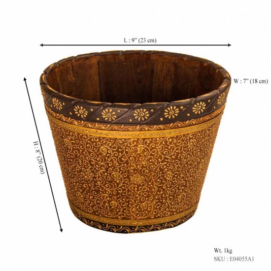 Wooden Bucket/Planter With Brass Art - Small 