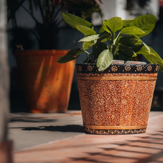 Wooden Bucket/Planter With Brass Art - Large