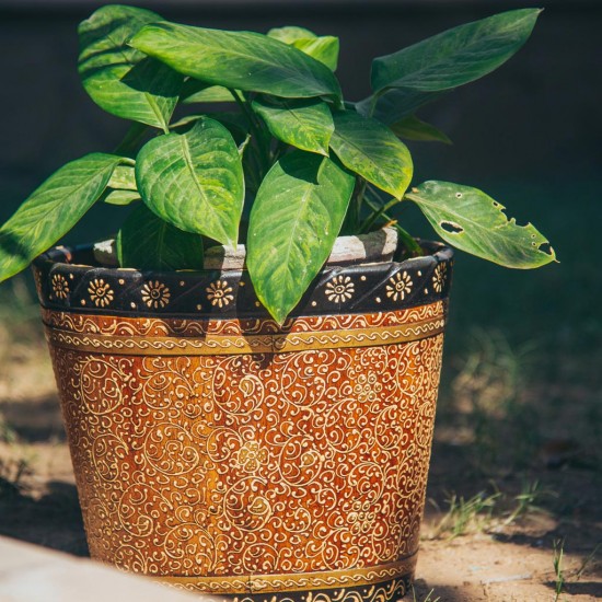 Wooden Bucket/Planter With Brass Art - Large