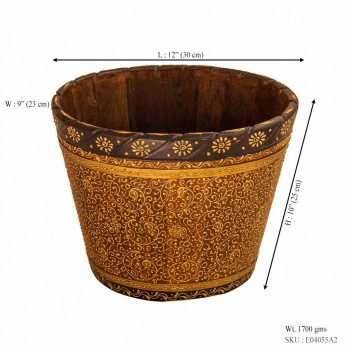Wooden Bucket/Planter With Brass Art - Large