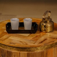 Small brass work wooden serving tray floral design Indian handicraft decor